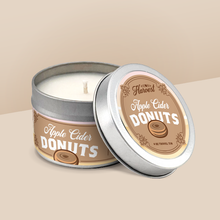 Load image into Gallery viewer, Apple Cider Donuts soy candle in a 4 oz travel tin, from the Wisconsin Harvest Collection by Angela Rose Studios.