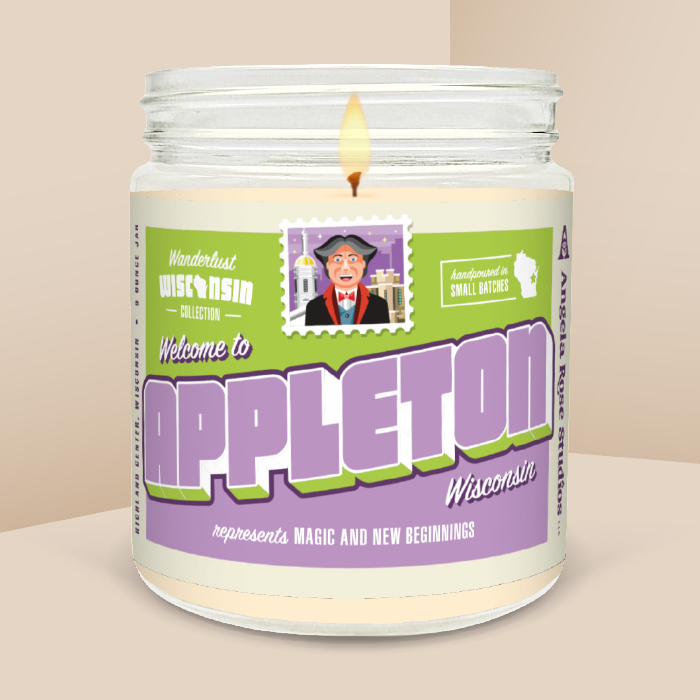 Appleton soy candle in a 9 oz glass jar, from the Wanderlust Wisconsin Collection by Angela Rose Studios.