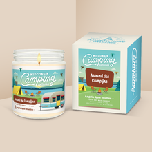 Load image into Gallery viewer, Around the Campfire soy candle in a 9 oz glass jar with packaging box, from the Wisconsin Camping Collection by Angela Rose Studios.