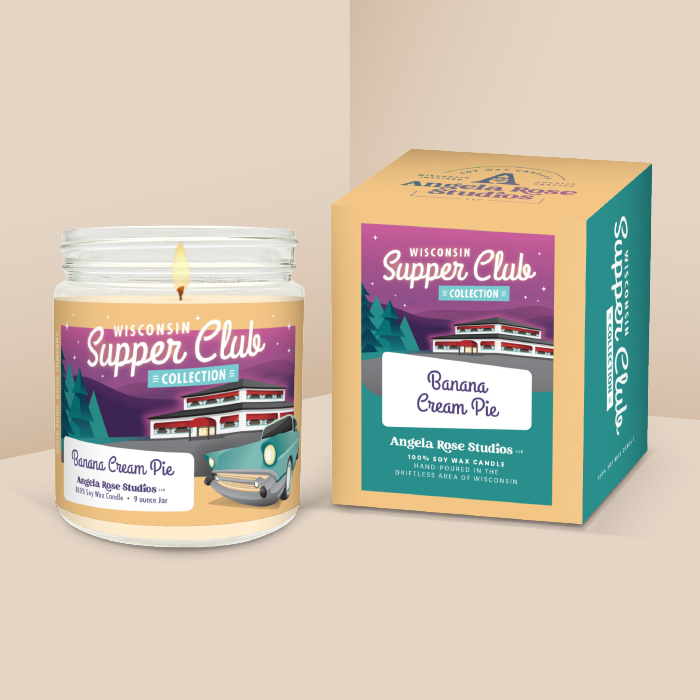 Banana Cream Pie soy candle in a 9 oz glass jar with packaging box, from the Wisconsin Supper Club Collection by Angela Rose Studios.