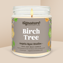 Load image into Gallery viewer, Birch Tree soy candle in a 9 oz glass jar, from the Signature Collection by Angela Rose Studios.