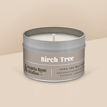 Load image into Gallery viewer, Birch Tree soy candle in a 8 oz travel tin, from the Signature Collection by Angela Rose Studios.
