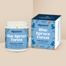 Load image into Gallery viewer, Blue Spruce Forest soy candle in a 9 oz glass jar with packaging box, from the Signature Collection by Angela Rose Studios.