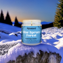 Load image into Gallery viewer, Blue Spruce Forest soy candle in a 9 oz glass jar, from the Signature Collection by Angela Rose Studios, shown outdoors on a snowy rock with evergreen trees in the background.