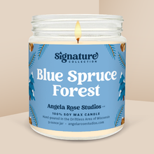 Load image into Gallery viewer, Blue Spruce Forest soy candle in a 9 oz glass jar, from the Signature Collection by Angela Rose Studios.