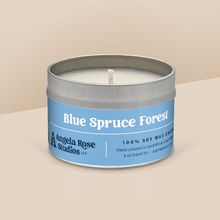 Load image into Gallery viewer, Blue Spruce Forest soy candle in a 8 oz travel tin, from the Signature Collection by Angela Rose Studios.