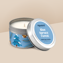 Load image into Gallery viewer, Blue Spruce Forest soy candle in a 4 oz travel tin, from the Signature Collection by Angela Rose Studios.