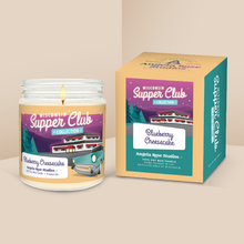 Load image into Gallery viewer, Blueberry Cheesecake soy candle in a 9 oz glass jar with packaging box, from the Wisconsin Supper Club Collection by Angela Rose Studios.