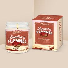 Load image into Gallery viewer, Bundled in Flannel soy candle in a 9 oz glass jar with packaging box, from the Wisconsin Harvest Collection by Angela Rose Studios.