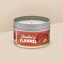 Load image into Gallery viewer, Bundled in Flannel soy candle in a 8 oz travel tin, from the Wisconsin Harvest Collection by Angela Rose Studios.