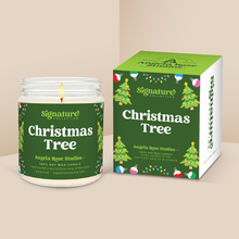 Load image into Gallery viewer, Christmas Tree soy candle in a 9 oz glass jar with packaging box, from the Signature Collection by Angela Rose Studios.