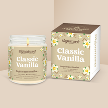 Load image into Gallery viewer, Classic Vanilla soy candle in a 9 oz glass jar with packaging box, from the Signature Collection by Angela Rose Studios.
