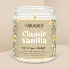 Load image into Gallery viewer, Classic Vanilla soy candle in a 9 oz glass jar, from the Signature Collection by Angela Rose Studios.