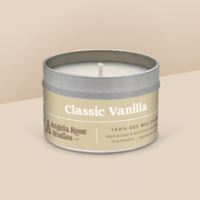 Load image into Gallery viewer, Classic Vanilla soy candle in a 8 oz travel tin, from the Signature Collection by Angela Rose Studios.