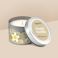 Load image into Gallery viewer, Classic Vanilla soy candle in a 4 oz travel tin, from the Signature Collection by Angela Rose Studios.