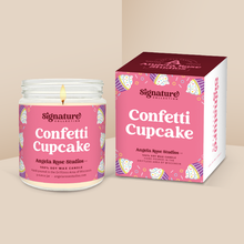 Load image into Gallery viewer, Confetti Cupcake soy candle in a 9 oz glass jar with packaging box, from the Signature Collection by Angela Rose Studios.
