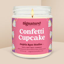 Load image into Gallery viewer, Confetti Cupcake soy candle in a 9 oz glass jar, from the Signature Collection by Angela Rose Studios.