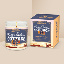 Load image into Gallery viewer, Cozy Autumn Cottage soy candle in a 9 oz glass jar with packaging box, from the Wisconsin Harvest Collection by Angela Rose Studios.