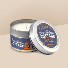 Load image into Gallery viewer, Cozy Autumn Cottage soy candle in a 4 oz travel tin, from the Wisconsin Harvest Collection by Angela Rose Studios.