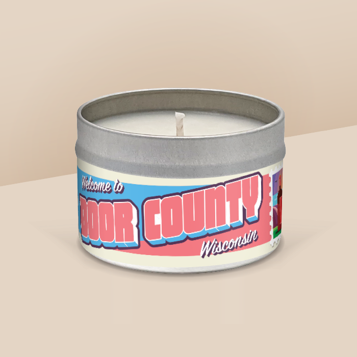 Door County soy candle in a 8 oz travel tin, from the Wanderlust Wisconsin Collection by Angela Rose Studios.