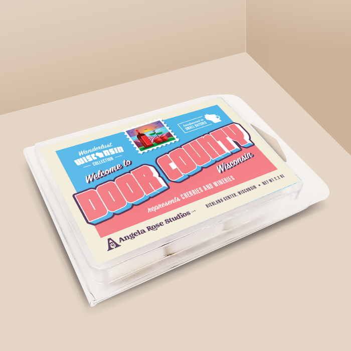 Door County soy wax melt with 6 cubes, from the Wanderlust Wisconsin Collection by Angela Rose Studios.