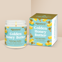 Load image into Gallery viewer, Golden Honey Butter soy candle in a 9 oz glass jar with packaging box, from the Signature Collection by Angela Rose Studios.