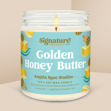 Load image into Gallery viewer, Golden Honey Butter soy candle in a 9 oz glass jar, from the Signature Collection by Angela Rose Studios.