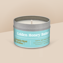 Load image into Gallery viewer, Golden Honey Butter soy candle in a 8 oz travel tin, from the Signature Collection by Angela Rose Studios.