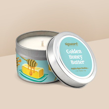 Load image into Gallery viewer, Golden Honey Butter soy candle in a 4 oz travel tin, from the Signature Collection by Angela Rose Studios.
