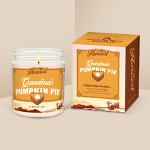 Load image into Gallery viewer, Grandma’s Pumpkin Pie soy candle in a 9 oz glass jar with packaging box, from the Wisconsin Harvest Collection by Angela Rose Studios.