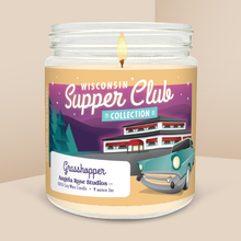 Load image into Gallery viewer, Grasshopper soy candle in a 9 oz glass jar, from the Wisconsin Supper Club Collection by Angela Rose Studios.