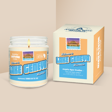 Load image into Gallery viewer, Lake Geneva soy candle in a 9 oz glass jar with packaging box, from the Wanderlust Wisconsin Collection by Angela Rose Studios.