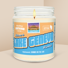Load image into Gallery viewer, Lake Geneva soy candle in a 9 oz glass jar, from the Wanderlust Wisconsin Collection by Angela Rose Studios.