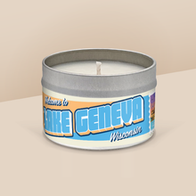 Load image into Gallery viewer, Lake Geneva soy candle in a 8 oz travel tin, from the Wanderlust Wisconsin Collection by Angela Rose Studios.