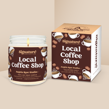 Load image into Gallery viewer, Local Coffee Shop soy candle in a 9 oz glass jar with packaging box, from the Signature Collection by Angela Rose Studios.