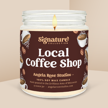 Load image into Gallery viewer, Local Coffee Shop soy candle in a 9 oz glass jar, from the Signature Collection by Angela Rose Studios.