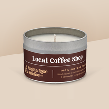 Load image into Gallery viewer, Local Coffee Shop soy candle in a 8 oz travel tin, from the Signature Collection by Angela Rose Studios.