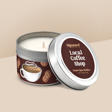 Load image into Gallery viewer, Local Coffee Shop soy candle in a 4 oz travel tin, from the Signature Collection by Angela Rose Studios.