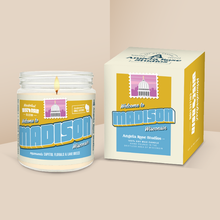 Load image into Gallery viewer, Madison soy candle in a 9 oz glass jar with packaging box, from the Wanderlust Wisconsin Collection by Angela Rose Studios.