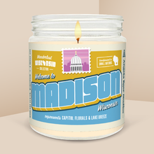 Load image into Gallery viewer, Madison soy candle in a 9 oz glass jar, from the Wanderlust Wisconsin Collection by Angela Rose Studios.