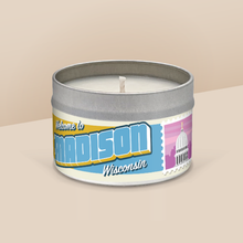 Load image into Gallery viewer, Madison soy candle in a 8 oz travel tin, from the Wanderlust Wisconsin Collection by Angela Rose Studios.