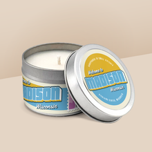 Load image into Gallery viewer, Madison soy candle in a 4 oz travel tin, from the Wanderlust Wisconsin Collection by Angela Rose Studios.