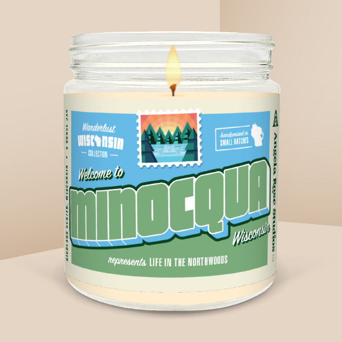 Minocqua soy candle in a 9 oz glass jar, from the Wanderlust Wisconsin Collection by Angela Rose Studios.