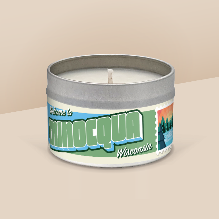 Minocqua soy candle in a 8 oz travel tin, from the Wanderlust Wisconsin Collection by Angela Rose Studios.