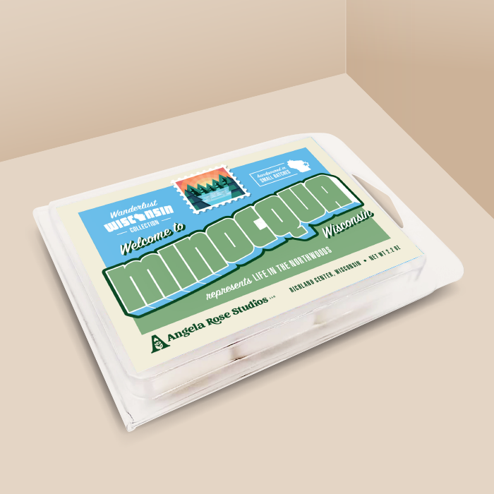Minocqua soy wax melt with 6 cubes, from the Wanderlust Wisconsin Collection by Angela Rose Studios.