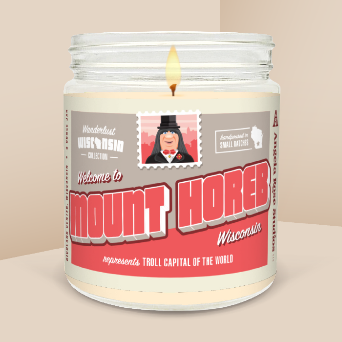 Mount Horeb soy candle in a 9 oz glass jar, from the Wanderlust Wisconsin Collection by Angela Rose Studios.