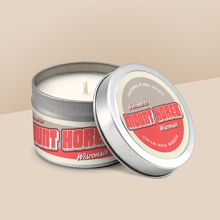Mount Horeb soy candle in a 4 oz travel tin, from the Wanderlust Wisconsin Collection by Angela Rose Studios.