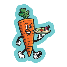 Load image into Gallery viewer, Carrot cartoon character carries a relish tray filled with a celery stick, a radish, and a baby tomato.