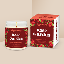 Load image into Gallery viewer, Rose Garden soy candle in a 9 oz glass jar with packaging box, from the Signature Collection by Angela Rose Studios.