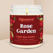 Load image into Gallery viewer, Rose Garden soy candle in a 9 oz glass jar, from the Signature Collection by Angela Rose Studios.